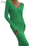 Fashion Women Long Sleeve Sweater Dress Casual Solid Color V Neck Knit Bodycon Party Dress for Beach Club