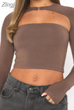 Women Long Sleeve Cutout Tees Crop Tops Casual Fashion Solid Color Backless Slim Fit Short T-shirts Female Base