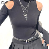Women Fall Slim-Fit T-Shirt Solid Color Mock-Neck Hollow-Out Shoulder Long Sleeve Pullover Tops for Girls