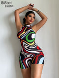 Colorful Print Halter Rompers Women 2023 Summer Sleeveless Backless Skinny Stretch Sporty Playsuits Female
