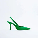 2025 New Pointed Thin Heel Single Shoes Behind The Empty Bag Head Sandals High Heel Shoes Green Women