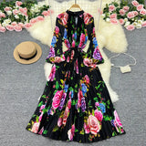 Zingj Luxury Retro French Round Collar Lantern Long Sleeve Print Dress Women's Belt With Loose Waist Show Thin Pleated