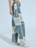 Style Hot Lace Spliced Straight Jeans Women's Summer Strap Design Prints Denim