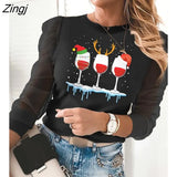 Women Autumn Spring Chic Elegant Christmas Tree Print Sheer Mesh Long Sleeve Top Round Neck Sequins Letter Pattern