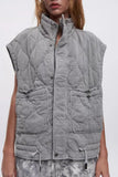 2025 New Women's Gray Standing Collar Sleeveless Cotton Jacket Vest Vest 4088241