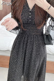 French Style Floral Print Vestido De Mujer V-neck Chiffon Robe Female Pleated Slim Waist Chiffon Dress Women Spring