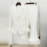 New Fashion Temperament Real Feather Ostrich Hairy Blazer Nine-Point Trouser Suit Two