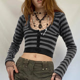 Women's Hottie Style Stripe Bumpy Body-Clamy Short U-Neck Buckle Long-Sleeved T-Shirt