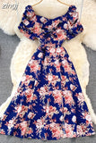 Vintage Women Printed Dresss Sexy Square Collar Short Puff Sleeve High Waist A-Line Vacation Beach Vestidos Female
