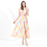 Court Style Print Flying Sleeve Dress Women's Summer Net Yarn Hollow Hook Design Light Luxury Temperament