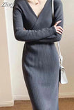 Winter Elegant Bodycon Sweater Dress Women V Neck Slim Knitted Pencil Long Dress Vestidos Robe