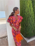 New Print V-Neck Tight-Body Bag Toss-Waist Short-Sleeved Women's