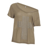 Sub-Series Cross Scald Copper Slanted Shoulder Loose Casual T-Shirt Hottie Street Sexy V-Neck On The