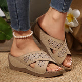 Thick Bottom Hollow Cross-Slippers Female Slope And Embroidered Beach Fish Mouth Side Empty Toe Cool