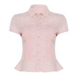 Style Organ Folds Solid Color POLO Collar Short-Sleeved Shirt To Close Short Buckle Umbilical
