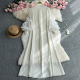 Zingj Sense Of Socialite Temperament Three House Pleated Lantern Long Sleeve Collar Loose A Line Solid Color Dress Elegant