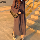 Sleeve Dress Women Solid Loose All-match Students Mid-calf Korean Style Daily O-neck Trendy Ins Elegant Side-slit