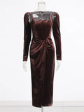 Sexy Velvet Two New Spring 2025 New Fashion Slings To Collect The Waist Thin Knot Long-Sleeved Dress