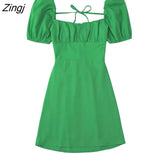 Women French Style Square Collar Pleats Puff Sleeve Black Mini Dress Female Chic Back Lace Up Casual Slim Vestidos