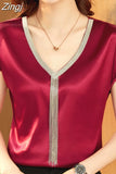 Lady Casual Loose Tops Mujer Satin Blouse Women Summer Short Sleeve Shirt Solid Fashion Tassel V-neck Clothes