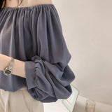 New Korean Version Of Temperament Word-Collar Shoulder Chiffon Shirt Women Loose Bubble Tops Thin Solid Color Bottom
