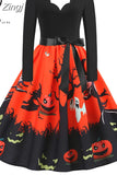 Women Halloween Christmas Party Dress Long Sleeve V Neck Pumpkin Print Vintage Casual A-line Dresses Vestidos