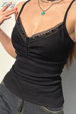 Strap Y2K V Neck Lace Trim Black Crop Top Women Chic Folds Mini Camisole Fashion Basic Summer Tops Backless Knit