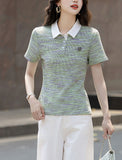 Collar Three-Dimensional Brooch Short-Sleeved Knit Shirt Women's Summer New Fashion Design Sense Positive Shoulder Thin Top