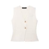 Summer New Temperament Fashion V-Neck Sleeveless Single-Claw Buckle Solid-Colored Vest Vest Women