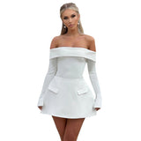 Women's Clothing New Fashion Temperament Bare Back One-Word Collar Straight Long-Sleeved A-Character Dress