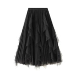 Spring New High-Waisted Lotus Leaf Side Splicing Mesh Dress Half-Dress Woman's Long-Term Large Folding Skirt