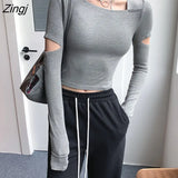Sleeve T-shirts Women Simple College Slim Sexy Hollow Out Elegant Fashion All-match Solid Female Crop Tops New Korean