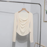 French Style Long-Sleeved T-Shirt Girl Autumn And Winter Collar Folded Folded Body Inside The Bottom Shirt Top