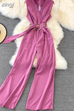 Vintage V-Neck Sleeveless High Waist Jumpsuits Women Elegant Loose Wide Leg Romper With Sashes Female Playsuits New