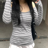 Large Round Collar Out-To-Shoulder T-Shirt 2025 Early Autumn New Hottie Thin Striped Top Knitted
