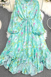 Autumn Women Floral Irregular Ruffle Long Dress Bohemian Pink/Blue/Purple Stand Collar Puff Sleeve High Waist