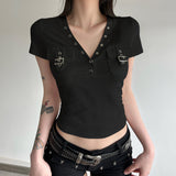 Work Style Fashion Pocket Spliced V-Neck Chicken Eye Decoration Hottie Open Umbilly T-Shirt