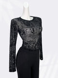 Zingj Sexy Plant Print Mesh Bottom Shirt Women's Thin Hollow See-Through Elastic Slim Short Long-Sleeve