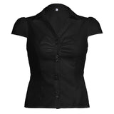 Style Organ Folds Solid Color POLO Collar Short-Sleeved Shirt To Close Short Buckle Umbilical