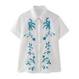 Spring / Summer Holiday Wind New Women's Cotton And Linen Embroidered Short Sleeve Shirt Drawn Rope Shorts Two
