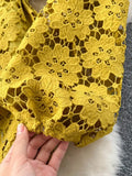 Autumn Women Hook Flower Hollow Party Long Dress Vintage Round Neck Puff Sleeve High Waist A-Line Maxi Vestidos New