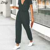 PETAL V-neck Short Sleeve Jumpsuit For Woman Casual Long Jogger Pants Playsuit 2023 Summer Overalls Bodysuits