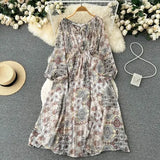 Autumn Women Printed Long Dress Vintage Puff Sleeve High Waist A-Line Casual Maxi Vestidos Vacation Beach Robe