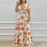 New Women's Temperament V-Neck Waist-Print Dress Fashion