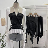 Tidal Irregular Hanging Neck Tie With Hollow Spliced Niche Pads On The Shoulder With Long-Sleeved T-Shirt