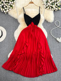 Women Spaghetti Strap Beach Long Dress Sexy V-Neck High Waist Ruffle Patchwork Pleated Maxi Robe Female Vacation 2023