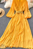 Vintage Yellow/Purple/Blue Polka Dot Chiffon Long Dress Women Elegant O-Neck Puff Sleeve Pleated Party Robe Female