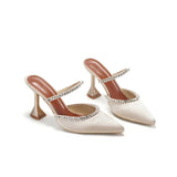 Summer New Pointed Toe Rhinestone Sequined Stiletto Slippers Leopard Print Baotou Half Drag