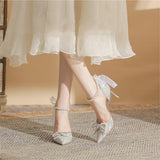 Women 2025 Summer New Pointed Fine Thin-Shoe Butterfly Wedding Shoes Ribbon Pearl Chain Hollow