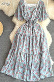 Women Floral Lace Midi Dress Vintage Square Collar Short Sleeve High Waist A-Line Slim Flower Printed Vestidos